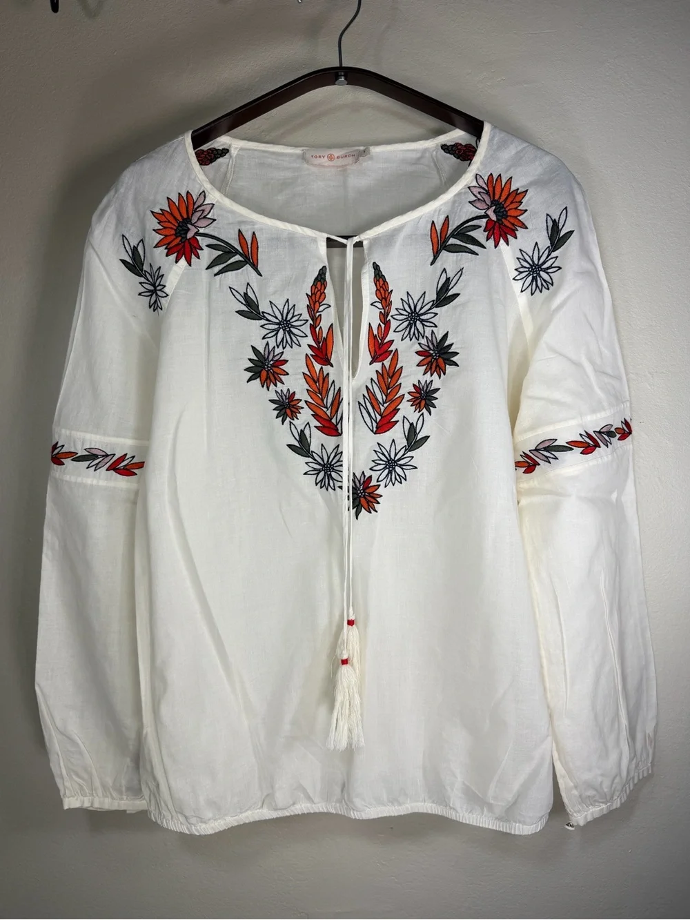 Tory Burch White Tunic Blouse with Red & Black Floral Embroidery
